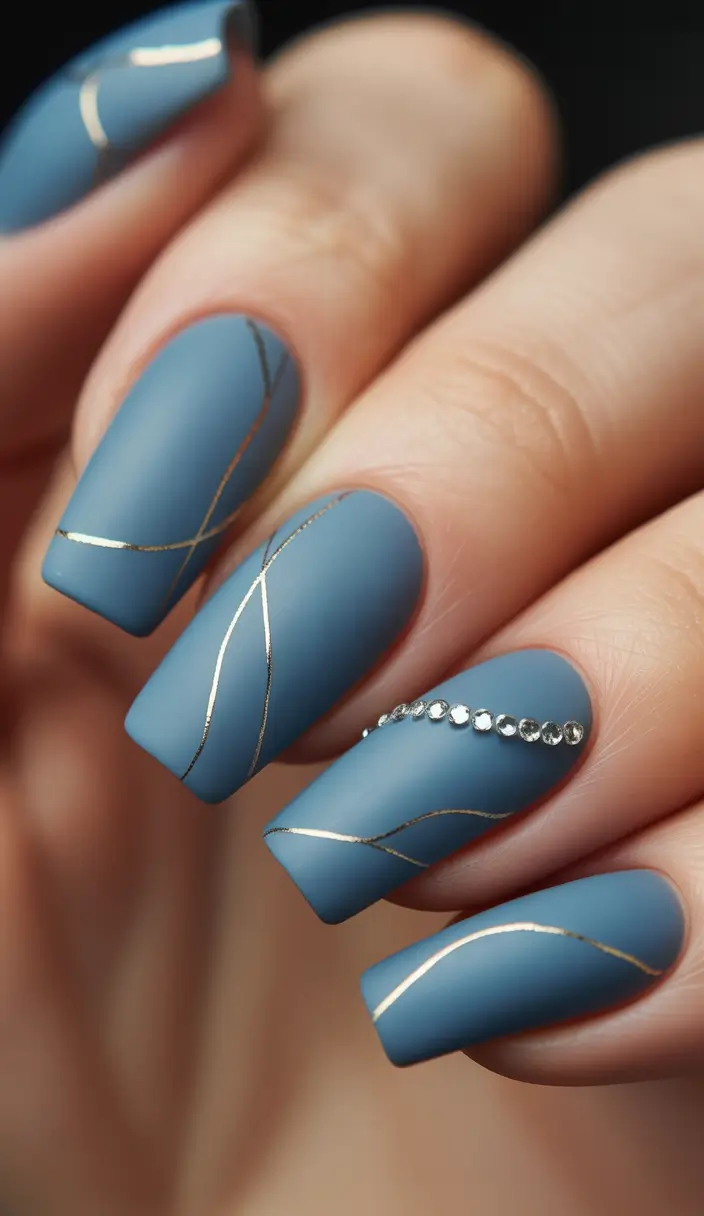 cool blue nail ideas for summer 2025 Matte Blue Geometry with Crystal Linework