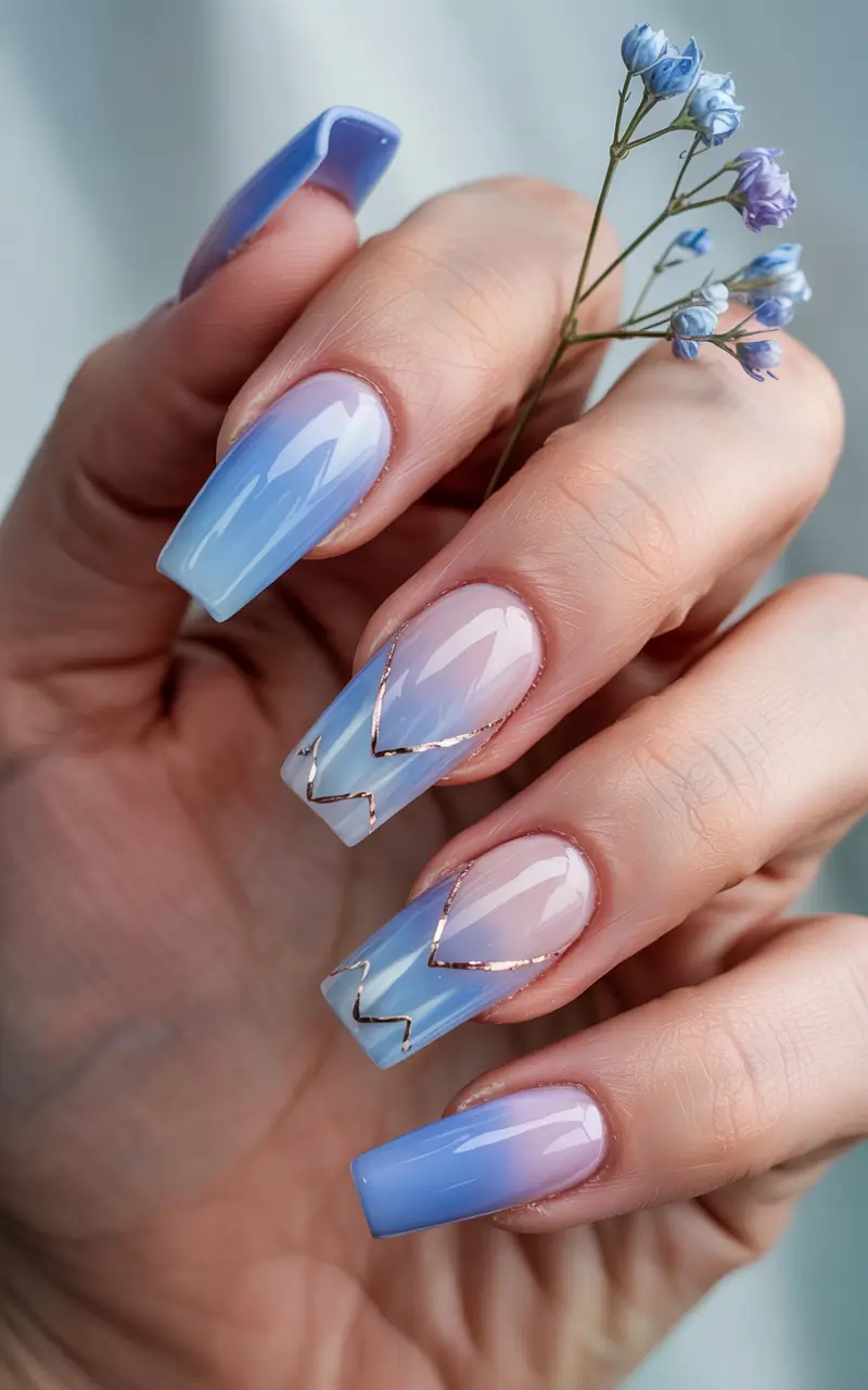 cool blue nail ideas for summer 2025 Dreamy Lavender-Blue Gradient with Metallic Accents