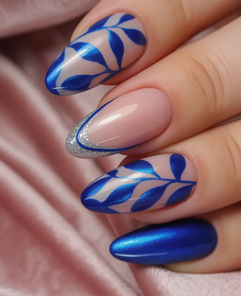 cool blue nail ideas for summer 2025 Almond Shape Botanical Swirls in Royal Blue