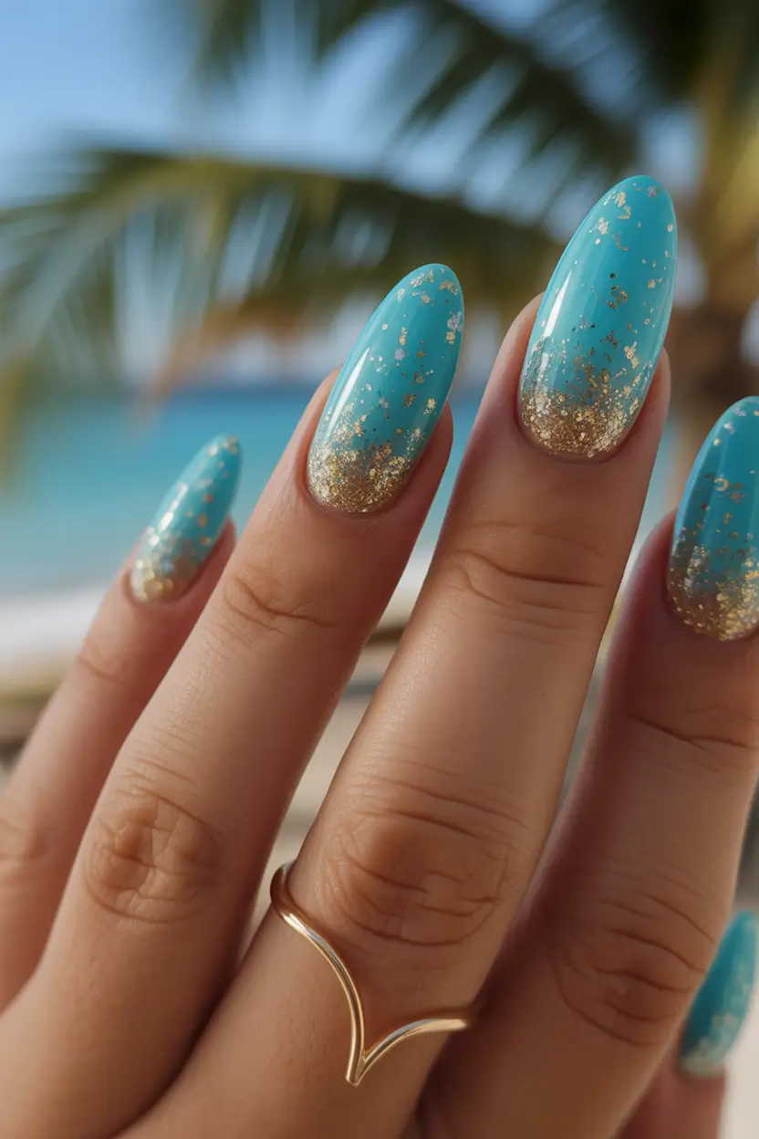 cool blue nail ideas for summer 2025 Tropical Teal with Gold Foil Luxe