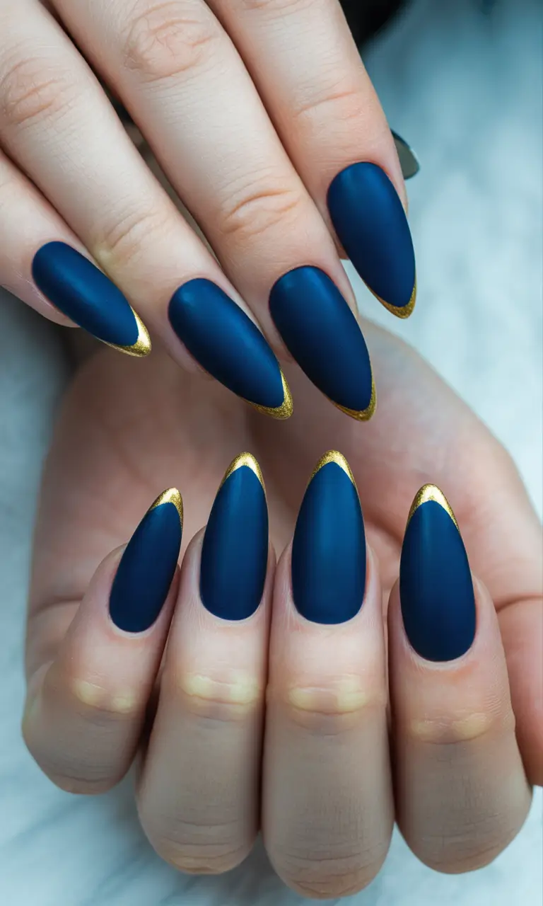 cool blue nail ideas for summer 2025 Velvety Midnight Almond with Golden French Tips
