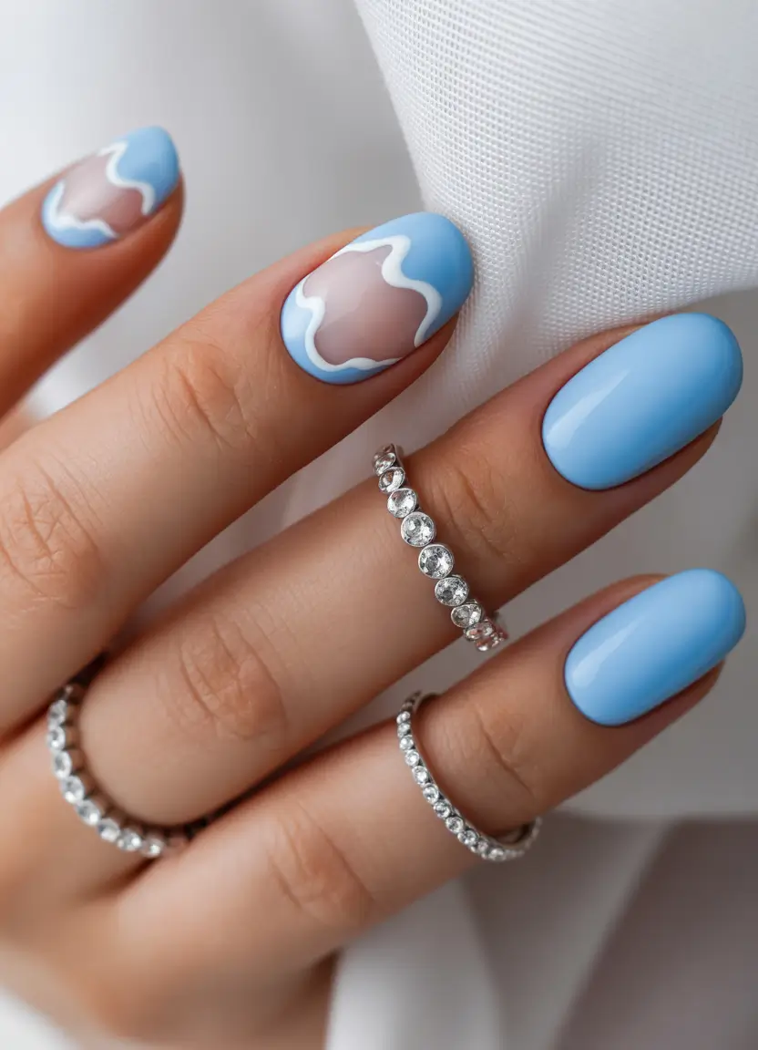 cool blue nail ideas for summer 2025 Sky Blue Cloud Art with Nude Negative Space