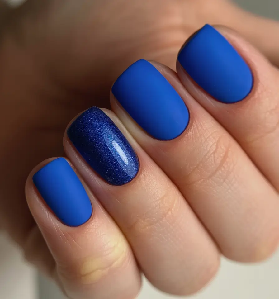 cool blue nail ideas for summer 2025 Matte Meets Shine in Modern Indigo Contrast