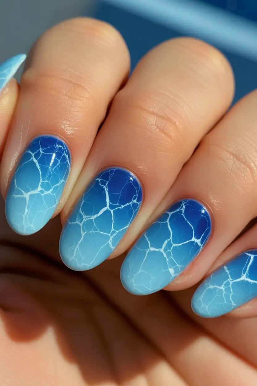 cool blue nail ideas for summer 2025 Ocean Crackle Fade