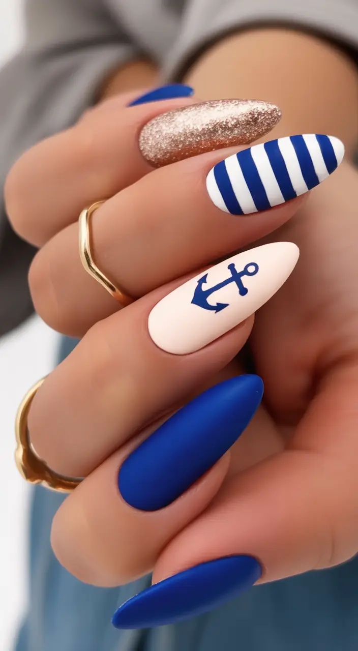 cool blue nail ideas for summer 2025 Nautical Glam with Matte Blue