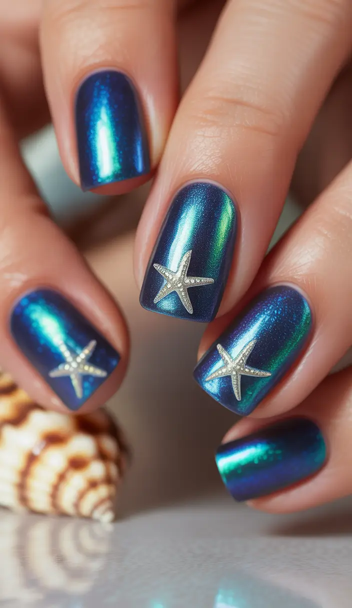 cool blue nail ideas for summer 2025 Mermaid Chrome with Starfish Studs