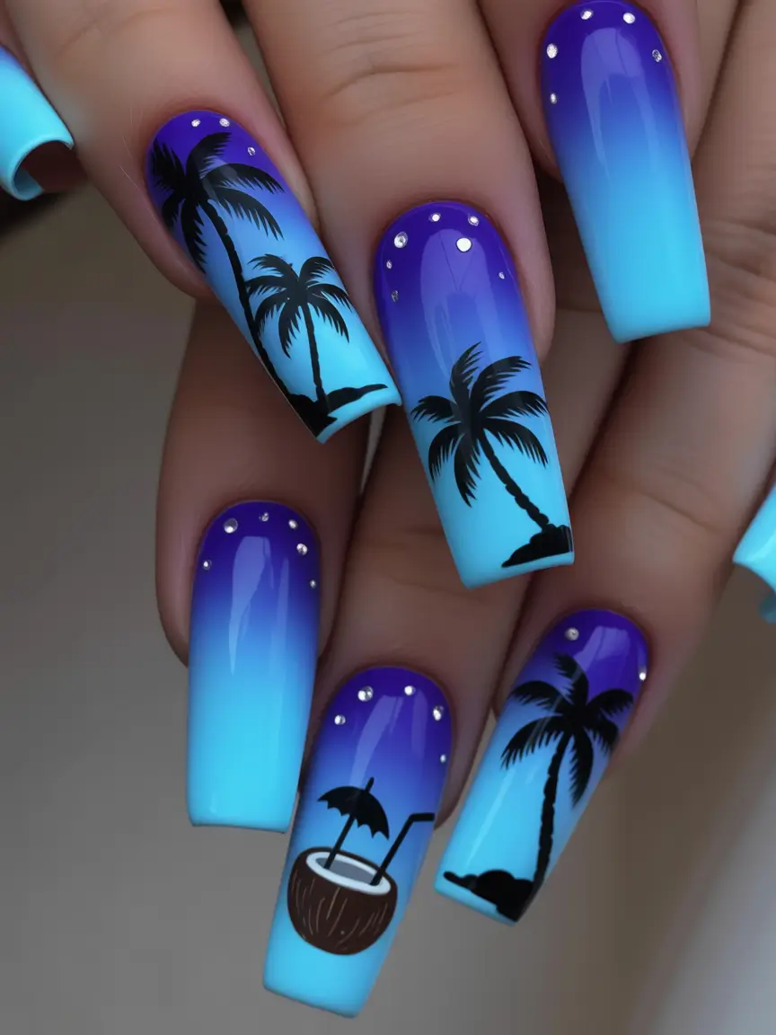 cool blue nail ideas for summer 2025 Twilight Palms and Coconut Dreams