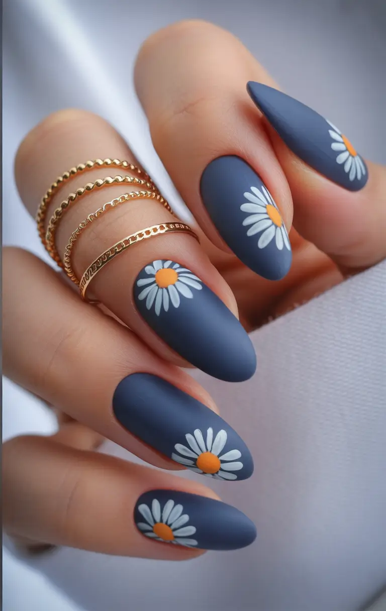 cool blue nail ideas for summer 2025 Matte Navy with Daisy Pop