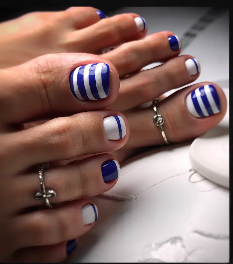 Cute July Toe Nails for Summer 2025 Nautical French Stripes with a Preppy Twist