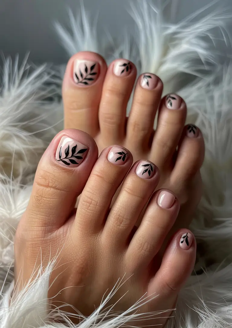 Cute July Toe Nails for Summer 2025 - Modern Leafy Elegance with a Neutral Twist