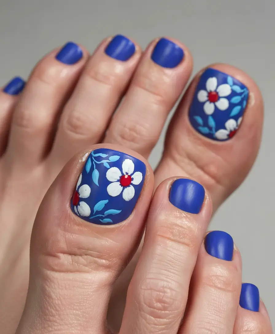 Cute July Toe Nails for Summer 2025 - Classic Blue with Dainty Florals