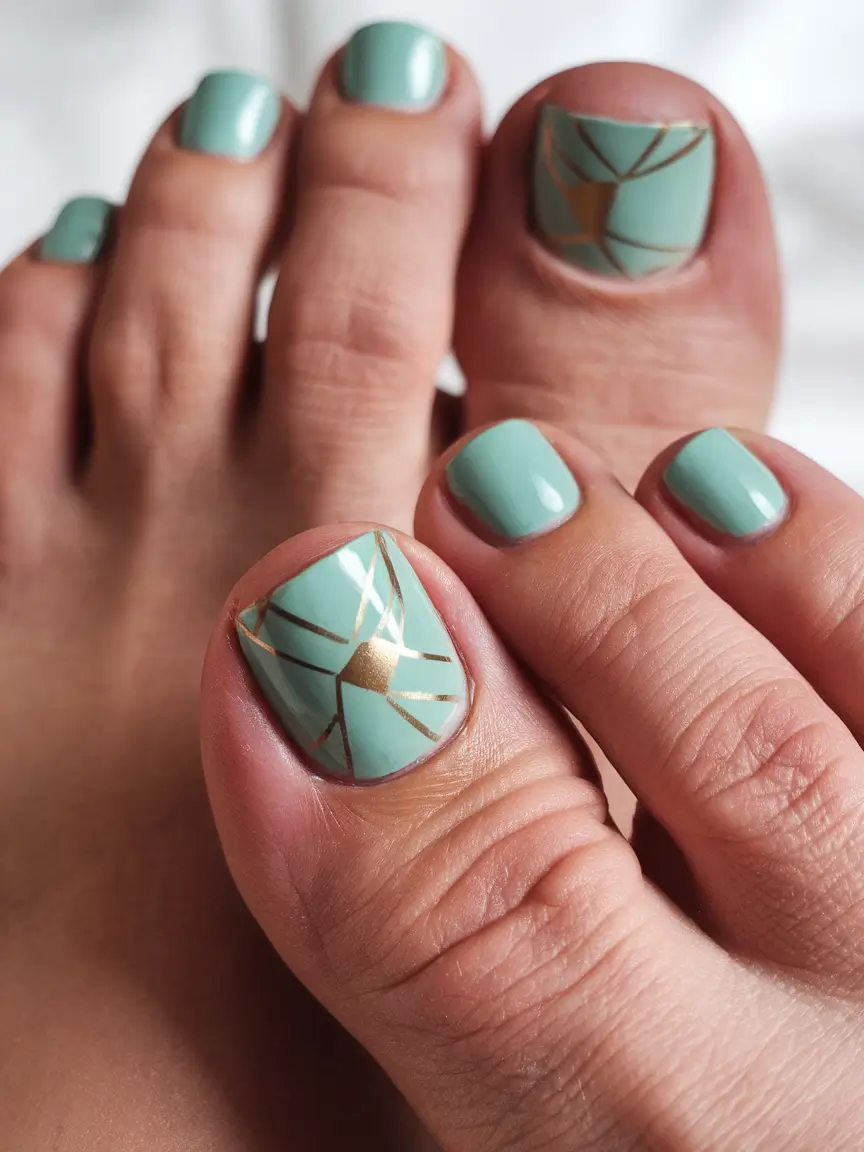 Cute July Toe Nails for Summer 2025 - Mint Geometrics with a Touch of Gold