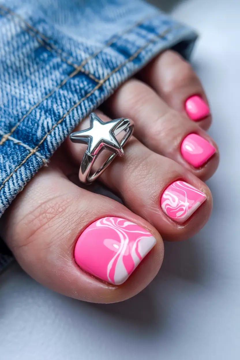 Cute July Toe Nails for Summer 2025 - Pink Starburst Swirls