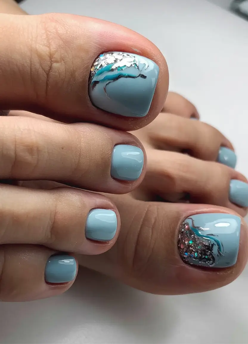 Cute July Toe Nails for Summer 2025 - Ocean Foam & Glitter Tides