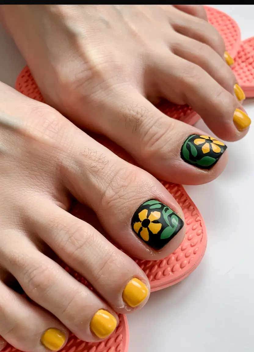 Cute July Toe Nails for Summer 2025 Sunny Yellow Blooms on Black Canvas
