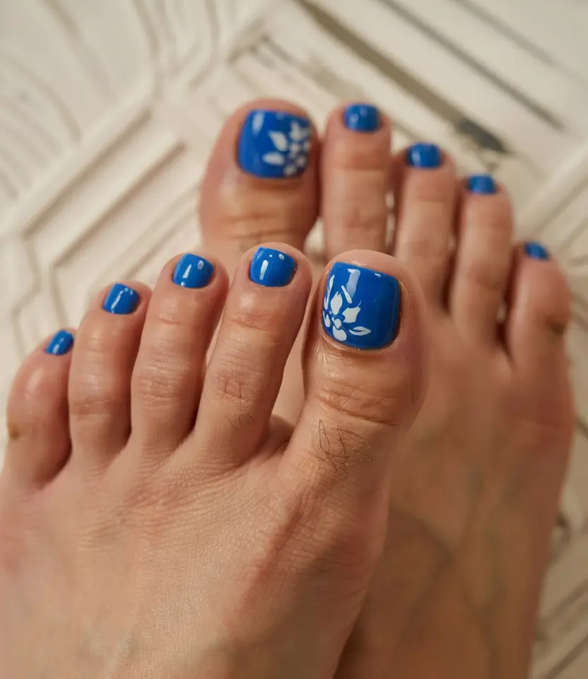 Cute July Toe Nails for Summer 2025 Classic Blue with Delicate Florals