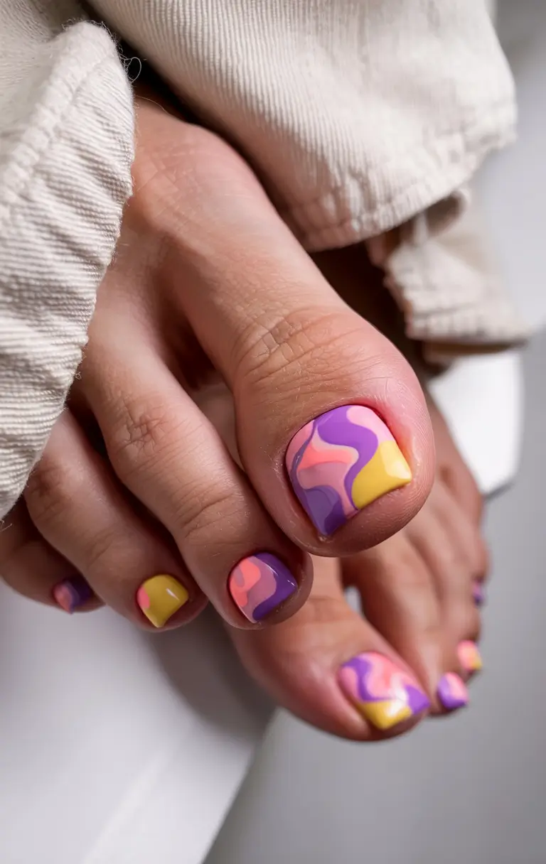 Cute July Toe Nails for Summer 2025 Retro Swirls in Sorbet Shades