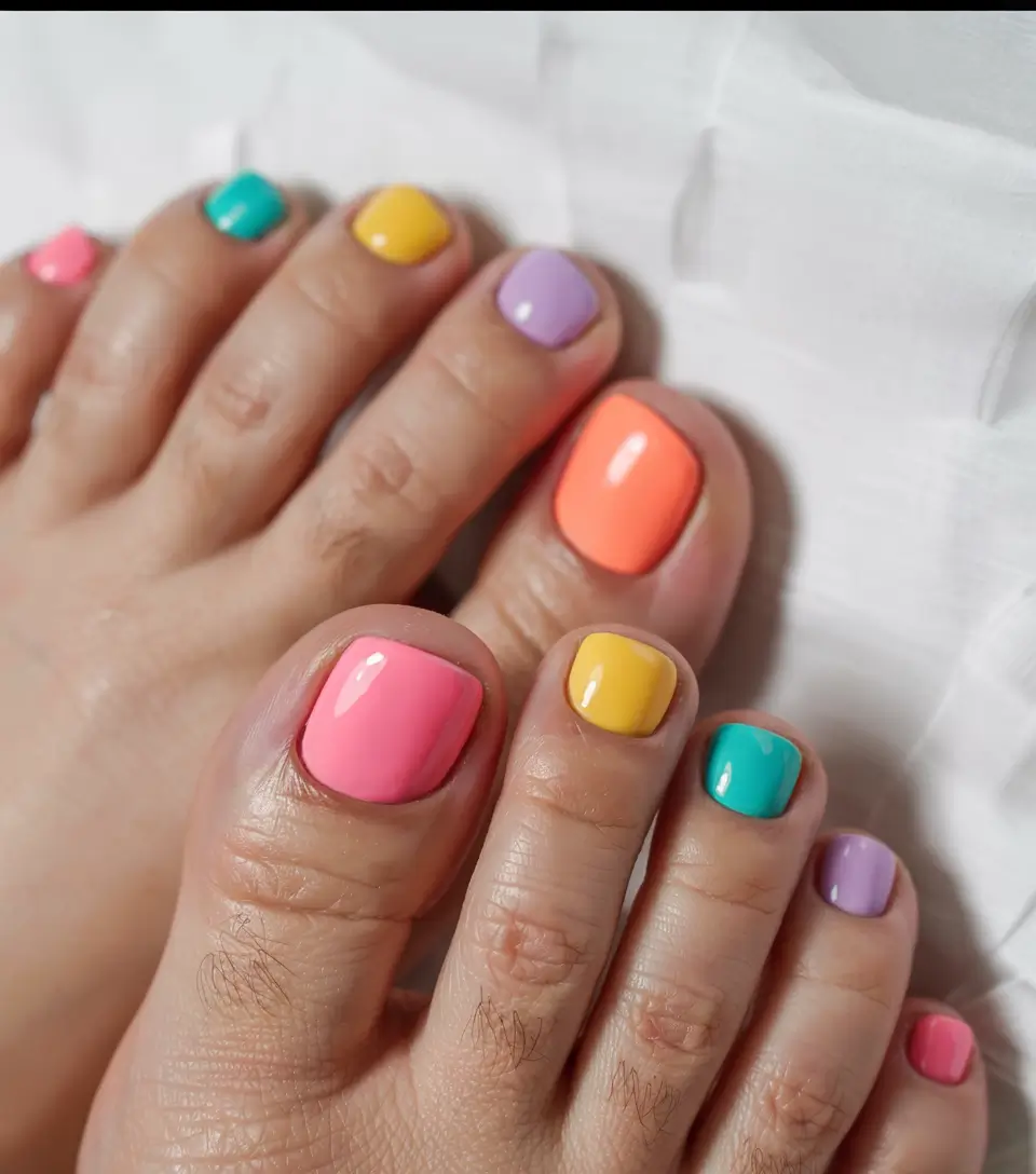 Cute July Toe Nails for Summer 2025 Rainbow Pastel Block Party