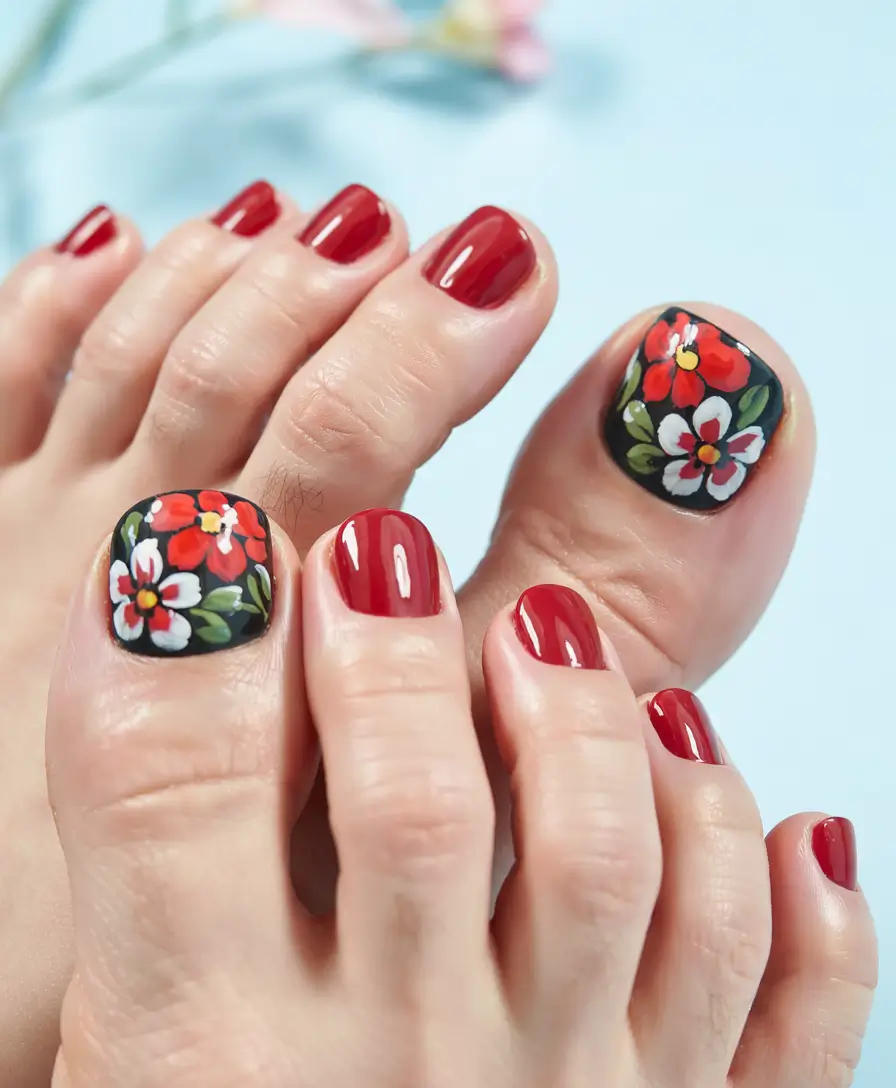 Cute July Toe Nails for Summer 2025 Red Romance with Hand-Painted Blooms