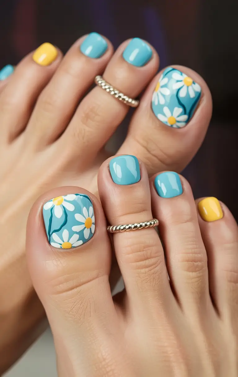 Cute July Toe Nails for Summer 2025 Daisy Days in Sky Blue