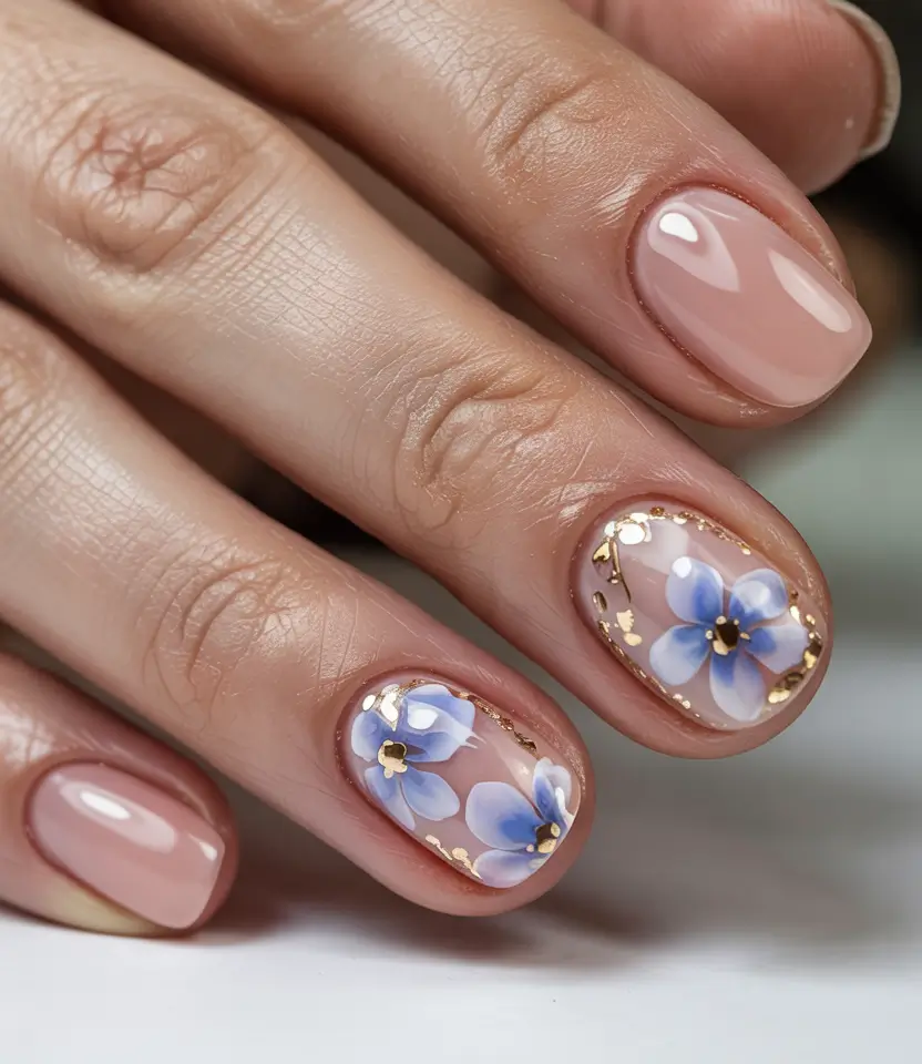 Cute Summer Nail Inspo for 2025 Gold-Edged Hydrangea Charm