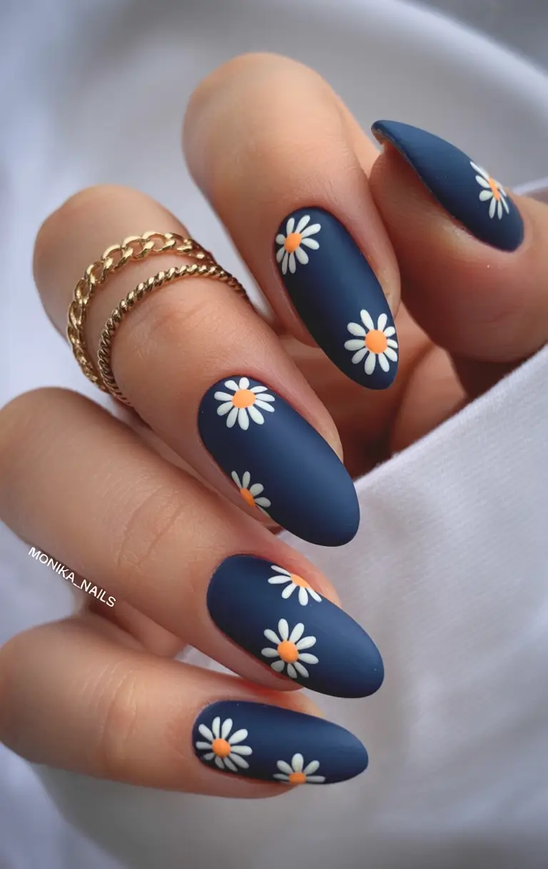 Cute Summer Nail Inspo for 2025 - Matte Navy With Daisies