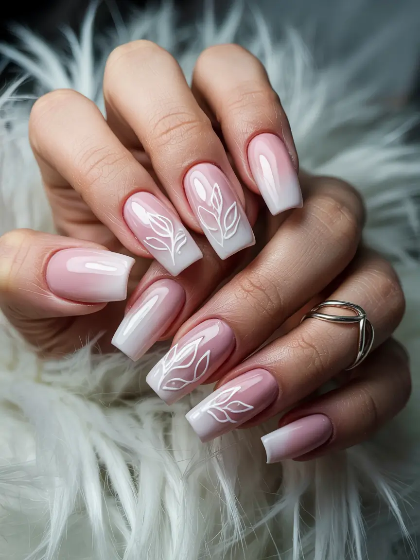 Cute Summer Nail Inspo for 2025 Soft Ombré French With White Leaves