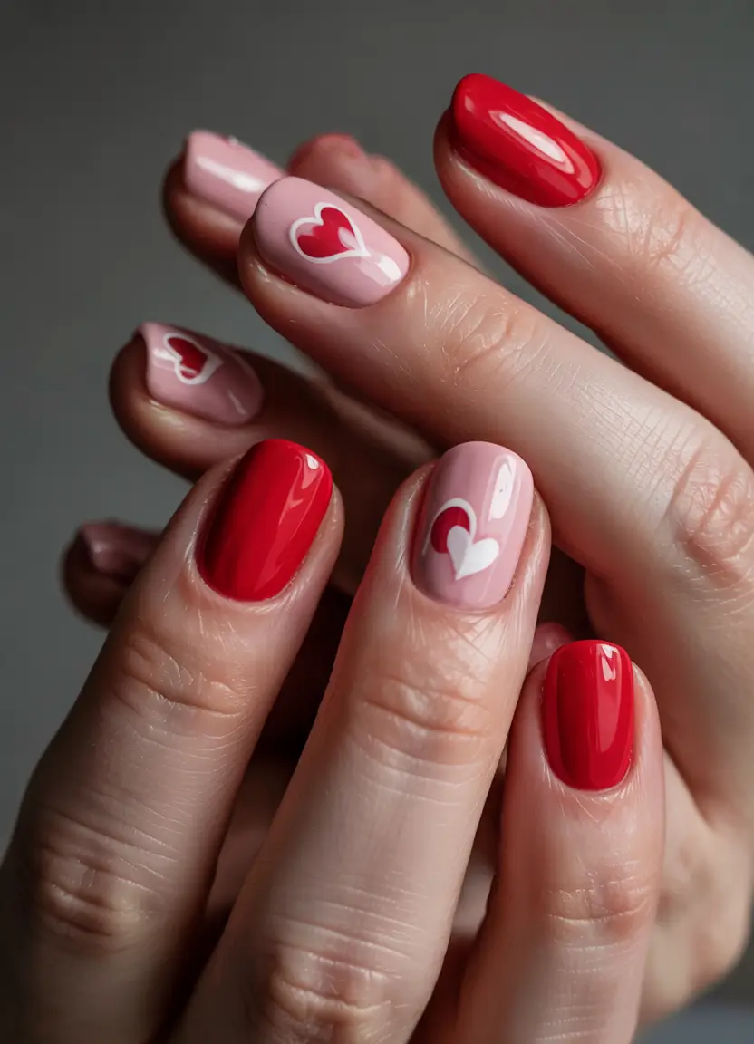 Cute Summer Nails You’ll Love in 2025 Glossy Red & Blush With Minimal Hearts