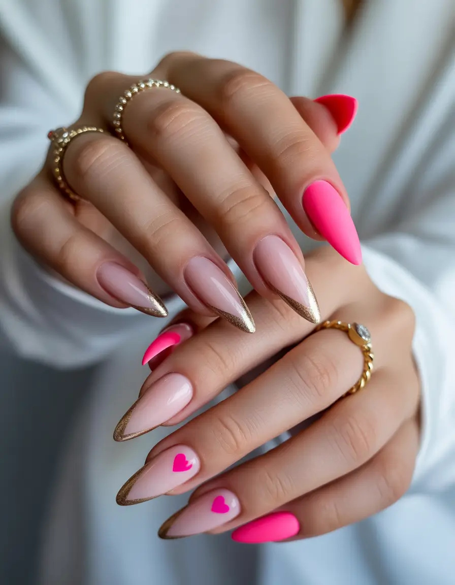Cute Summer Nails You’ll Love in 2025 Gold-Tipped Pink Hearts & Neon Mix