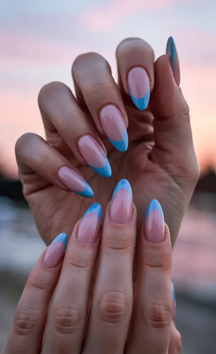 Cute Summer Nails You’ll Love in 2025 Sky-Blue Tips on Glossy Nude Base