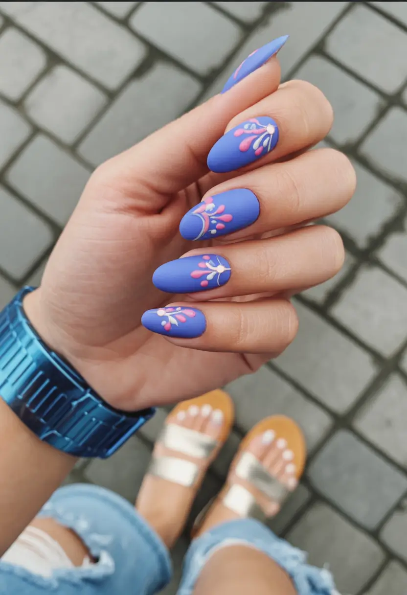 Cute Summer Nails You’ll Love in 2025+Retro Blue with Modern Petals