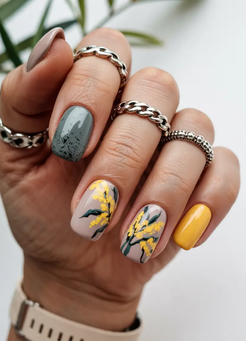 Cute Summer Nails You’ll Love in 2025 Mellow Meets Botanical in Gray & Yellow