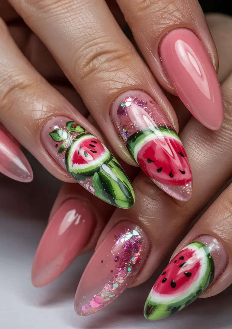 Cute Summer Nails You’ll Love in 2025 Glossy Watermelon Art With Glitter Accent