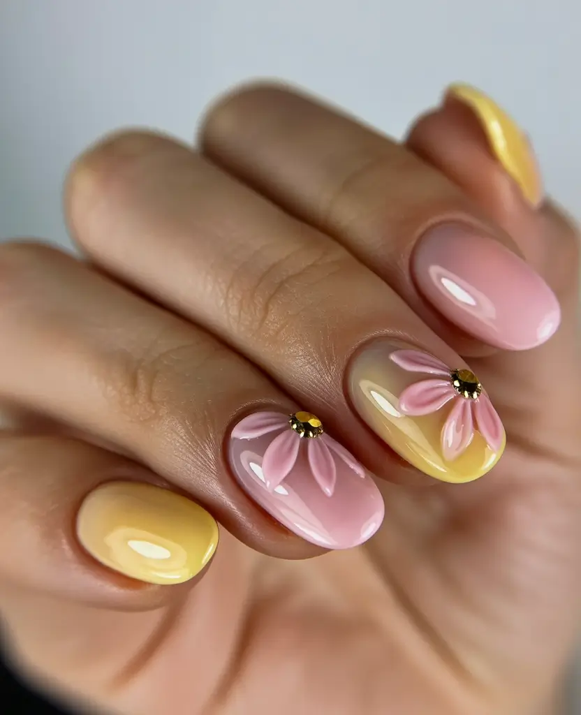 Cute Summer Nails You’ll Love in 2025 Pastel Petals With Crystal Bloom Centers