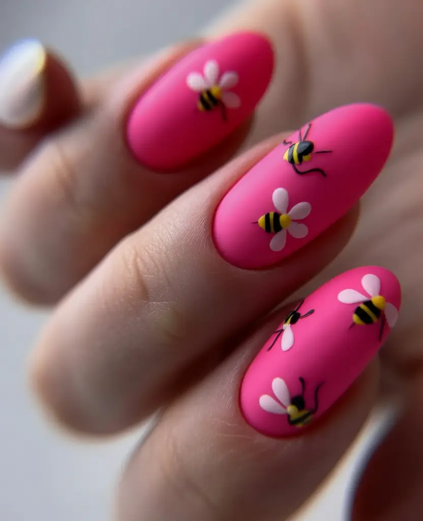 Cute Summer Nails You’ll Love in 2025 Matte Hot Pink Buzz With Bee Art