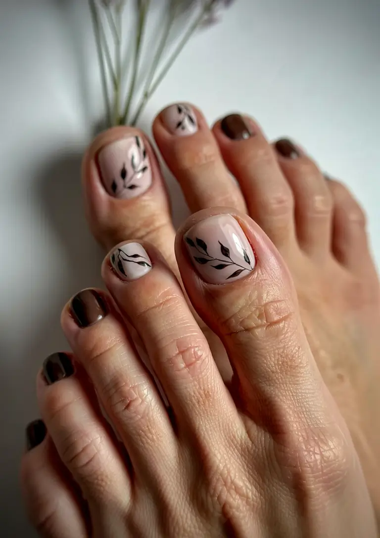 cute summer toe nails for 2025 Botanical Mocha Elegance