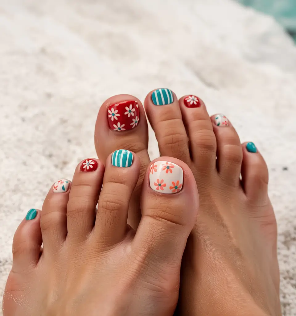 cute summer toe nails for 2025+Retro Florals and Seaside Stripes