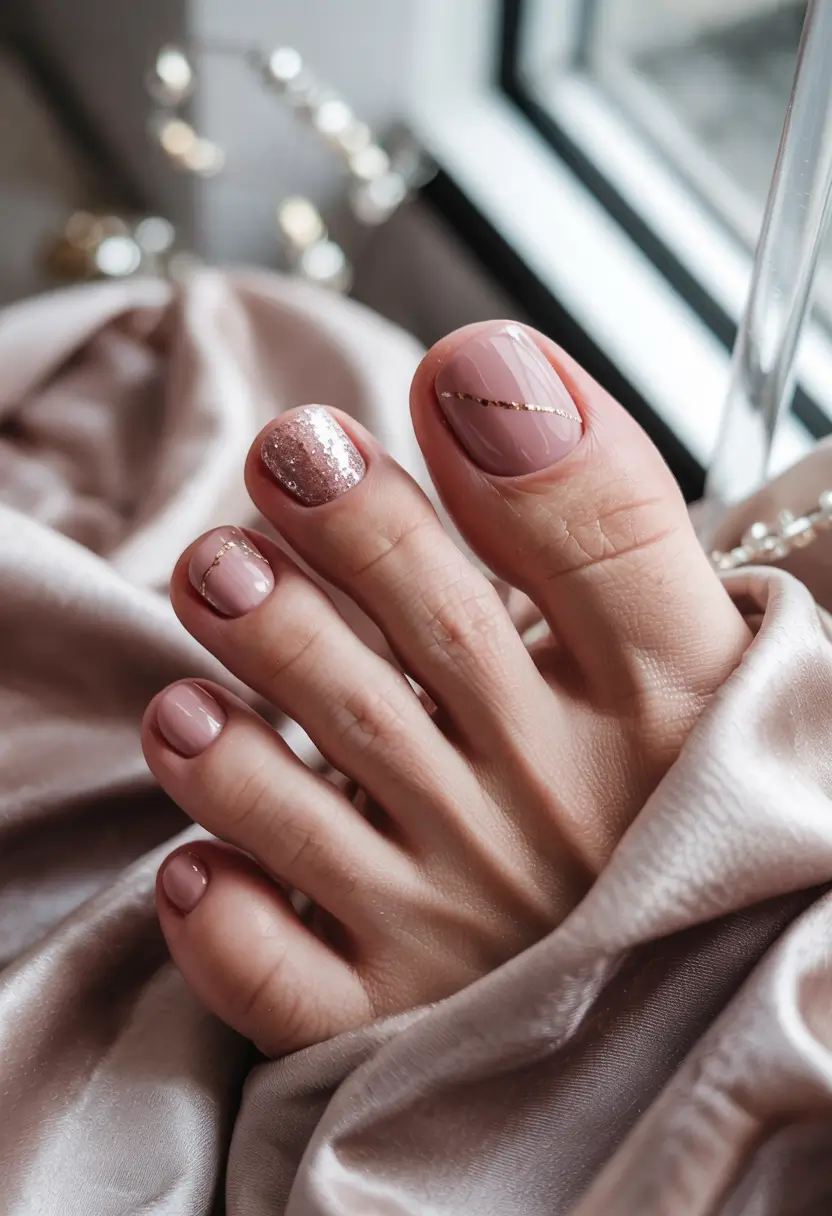 cute summer toe nails for 2025 Rosé & Sparkle on Satin