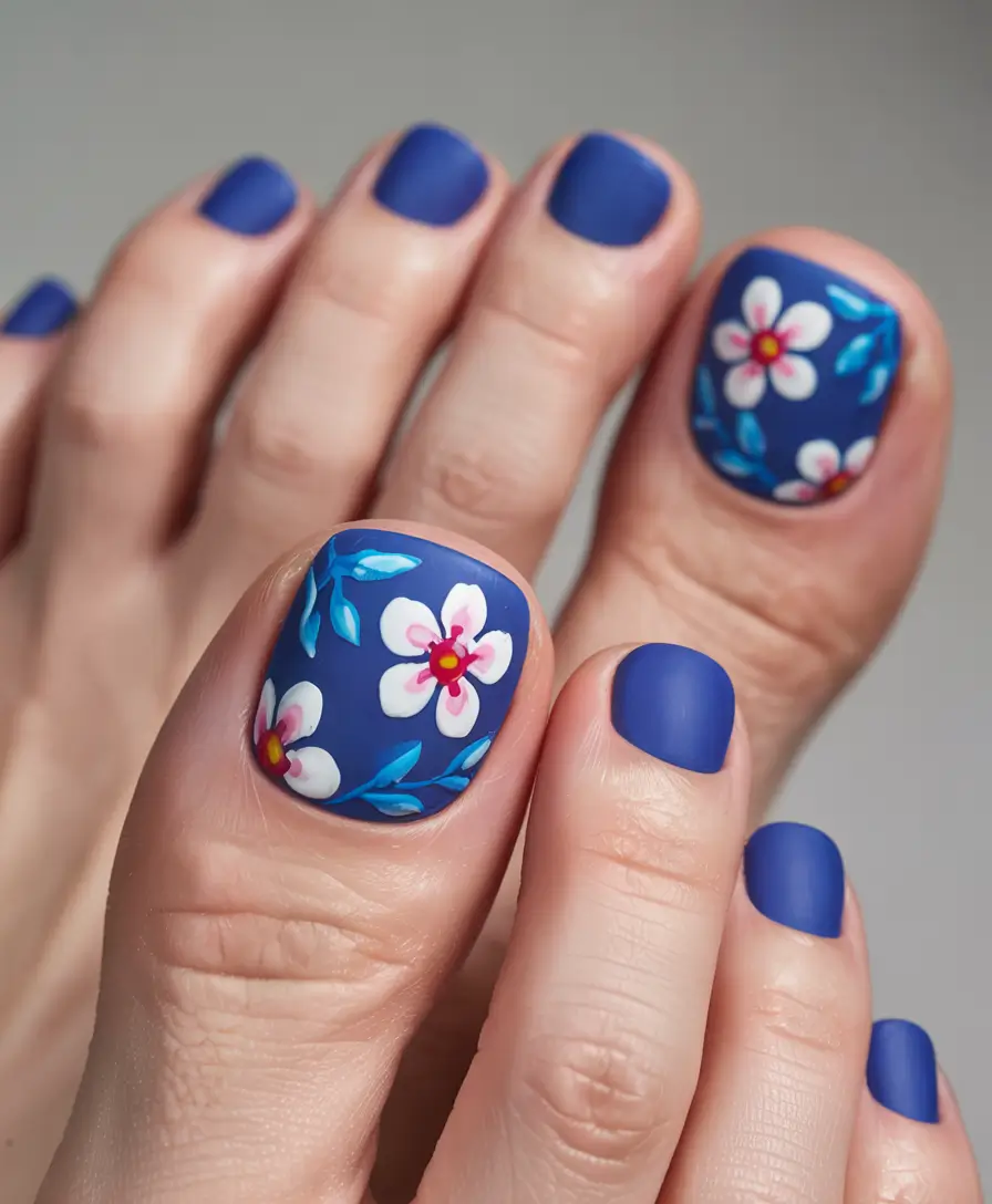 cute summer toe nails for 2025+Blue Blossoms on Matte Sky