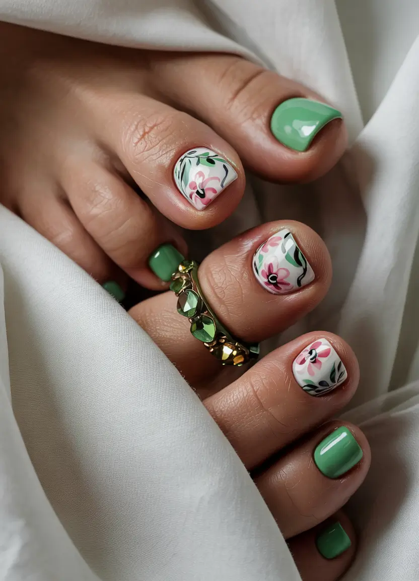 cute summer toe nails for 2025+Garden Party Greens