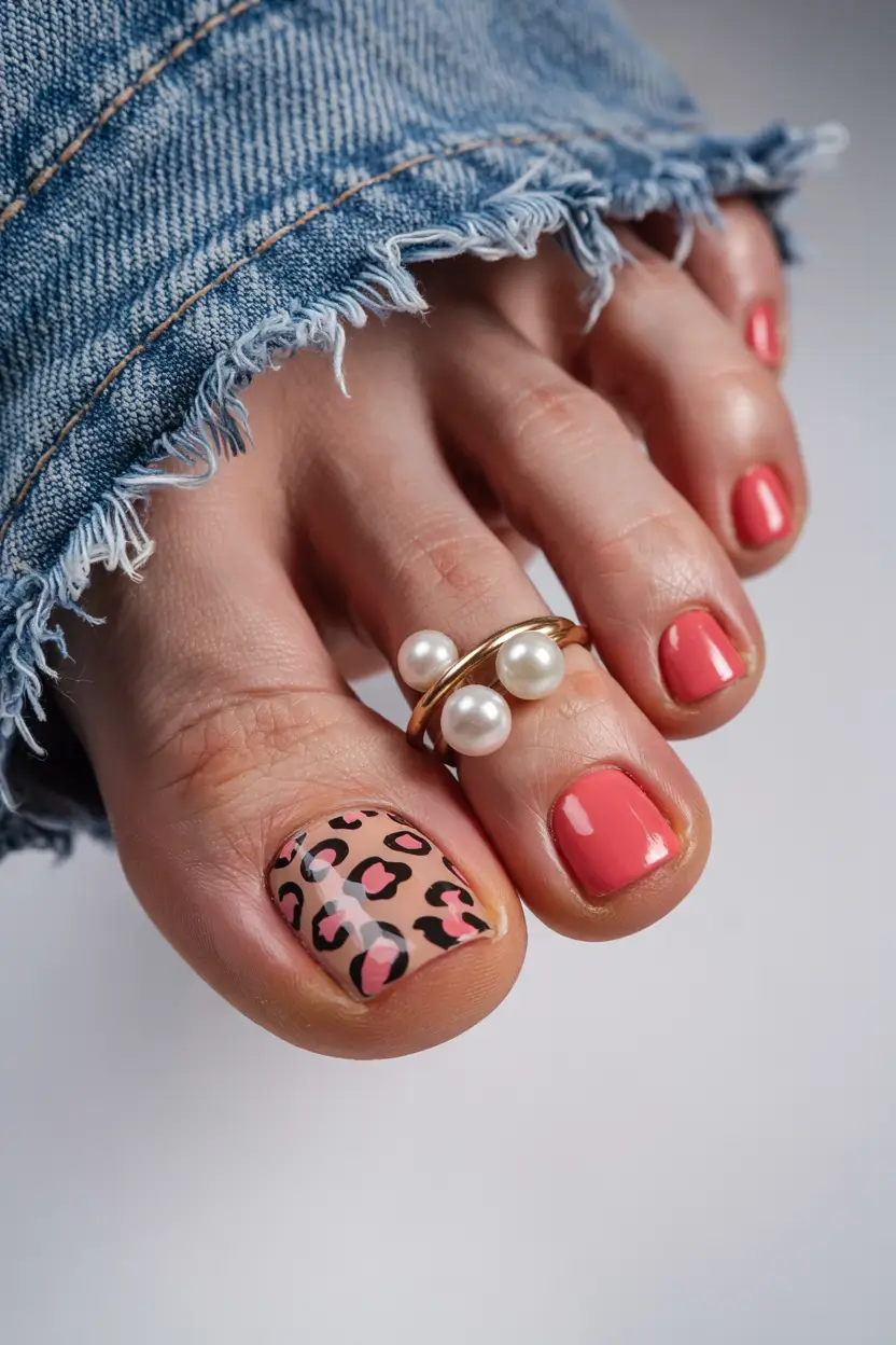 cute summer toe nails for 2025+Coral & Leopard, but Make It Chic