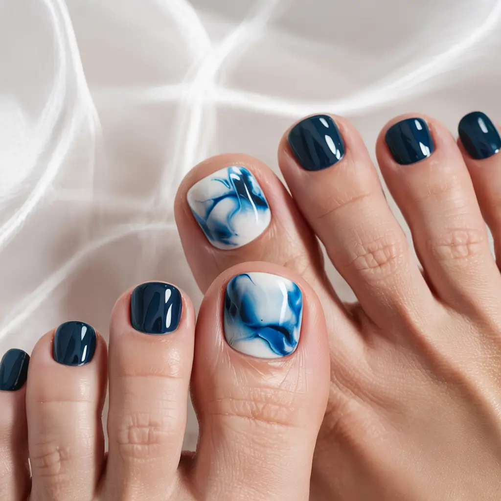 cute summer toe nails for 2025 Indigo Ink Swirl