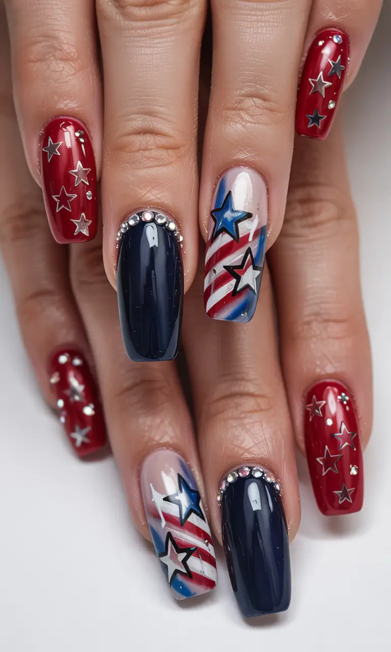 Festive 4th of July Nails to Try in 2025+Bold Stars & Rhinestone Glam