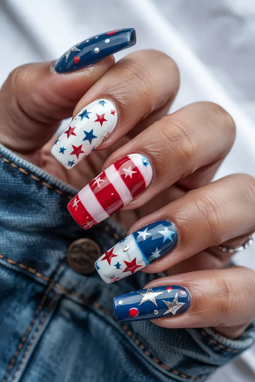 Festive 4th of July Nails to Try in 2025+All-American Patchwork Pop