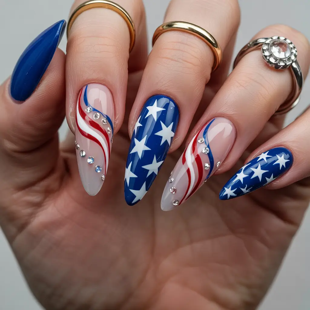 Festive 4th of July Nails to Try in 2025 Crystal-Studded Flag Flow