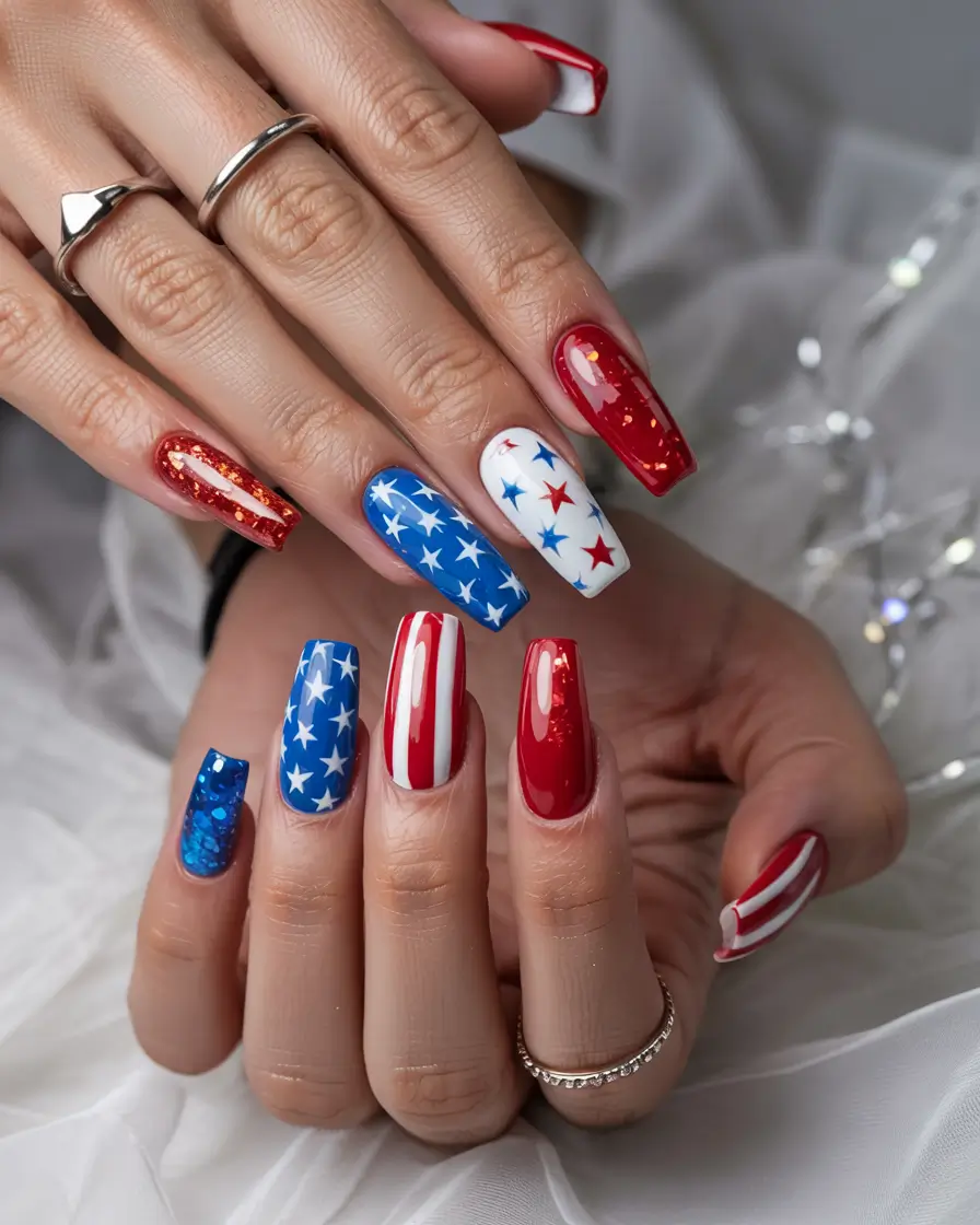 Festive 4th of July Nails to Try in 2025 Red White & Glimmer Stars