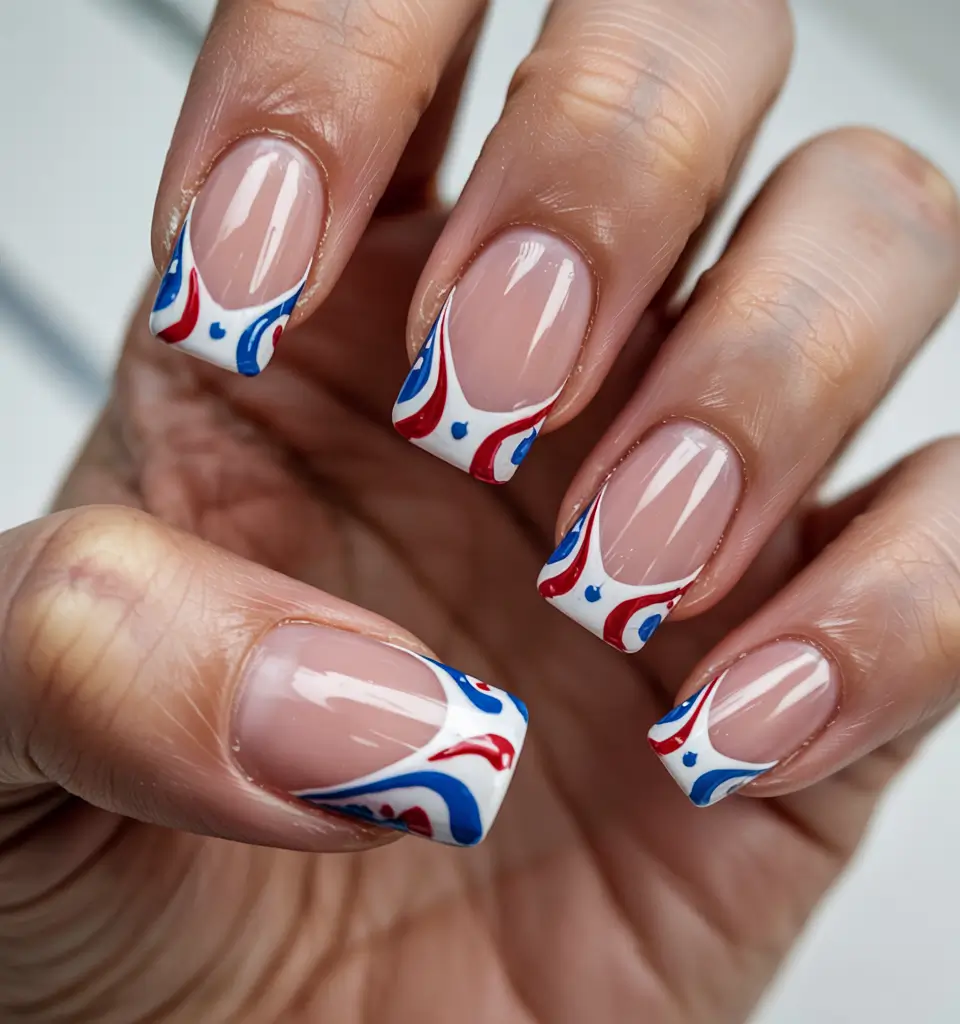 Festive 4th of July Nails to Try in 2025+Swirled Patriotism on Tip