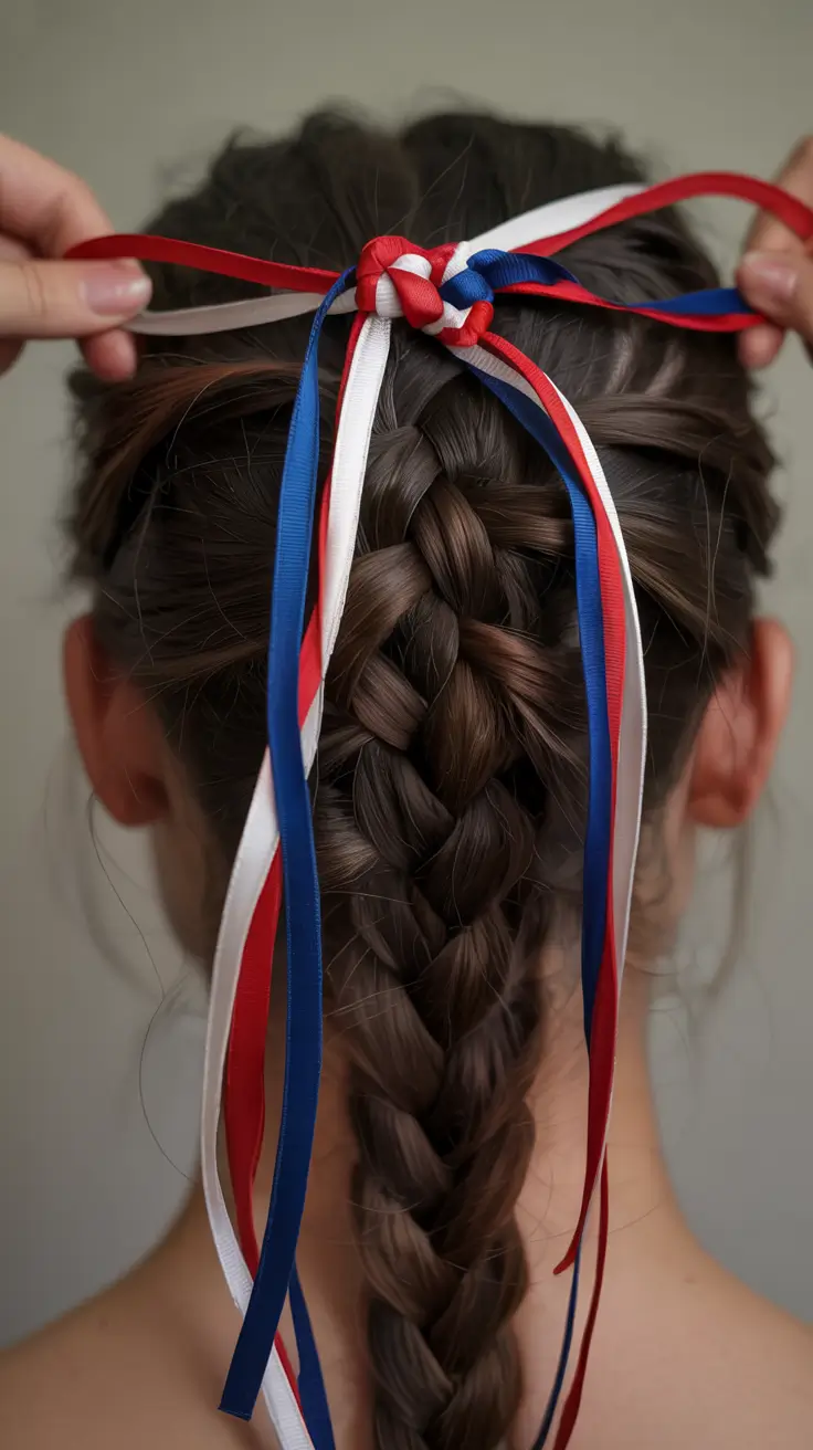 Festive July 4th 2025 Hairstyles to Try - French Braid with a Patriotic Crown Tie