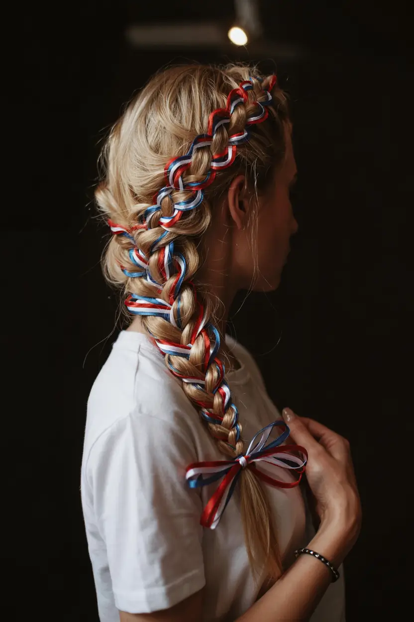 Festive July 4th 2025 Hairstyles to Try - Diagonal Crown Braid with Layered Ribbon