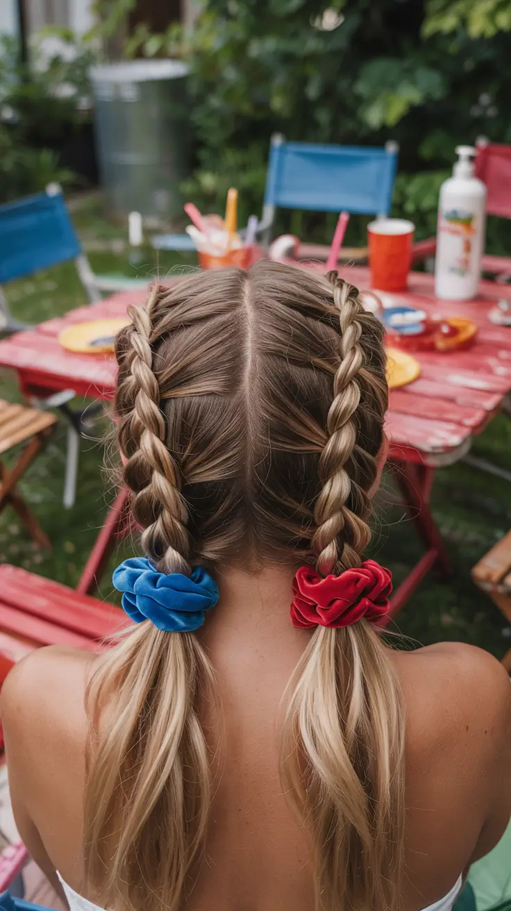 Festive July 4th 2025 Hairstyles to Try - Velvet Scrunchie Braids for Backyard Vibes